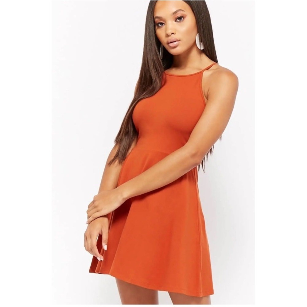Forever 21 Womens Halter Rust Orange Skater Dress Large Cute Spaghetti Flowy